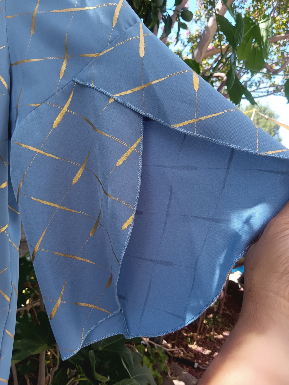 Blue & Gold Patterned Ruffle Sleeve Blouse - Picture 3 of 12